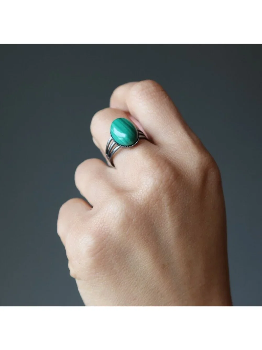 Malachite Ring Tough Gunmetal Adjustable Size 4 to 10 Green Gemstone Boho Jewelr